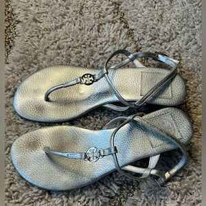 Tory Burch Metallic Silver Women's Leather T-Strap wedges